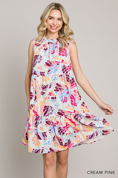 Printed Ruffle Mock Neck Tiered Mini Dress