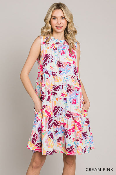Printed Ruffle Mock Neck Tiered Mini Dress