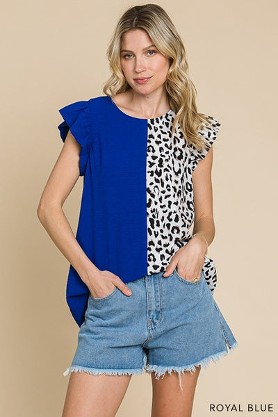 Leopard Print Color Block V Neck Ruffle Sleeve Top