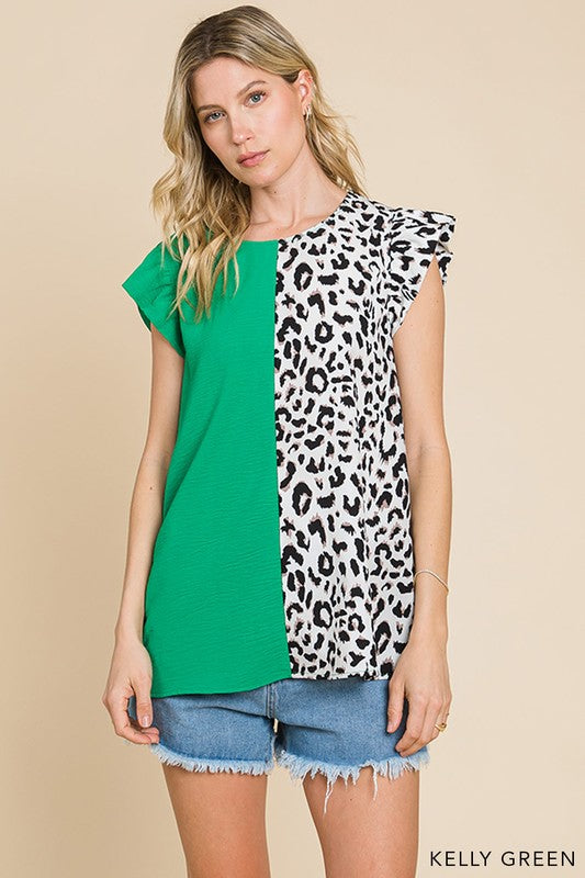 Leopard Print Color Block V Neck Ruffle Sleeve Top