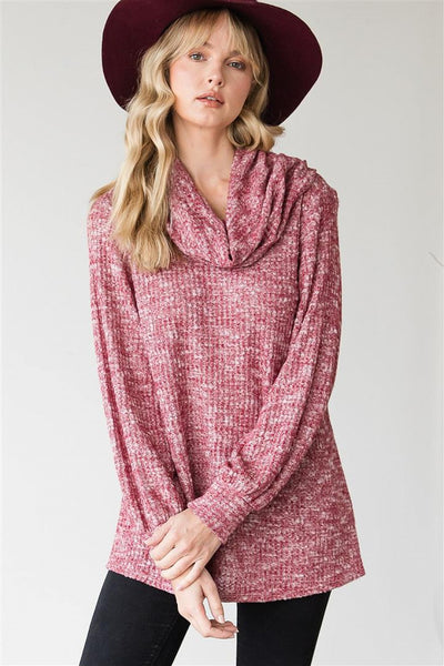 Ribbed Waffle Knit Cowl Neck Top