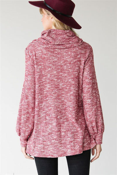 Ribbed Waffle Knit Cowl Neck Top