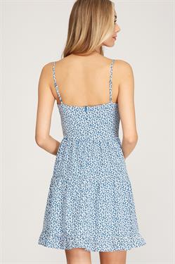 Woven Print Cami Ruched Tiered Dress In Slate