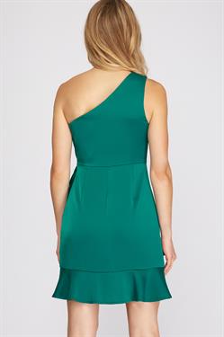 Emerald Satin One Shoulder Dress with Twist Detail