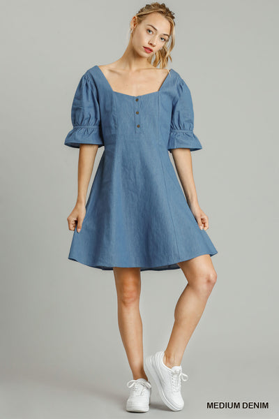 Puff Sleeve Denim Dress