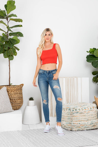 Red Smocked Crop Top