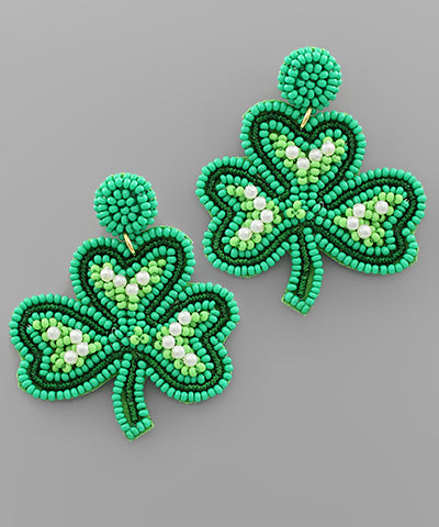Green & White Beaded Shamrock Earrings