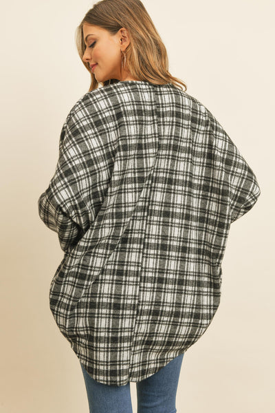 Plaid Round Hem Pocket Open Cardigan