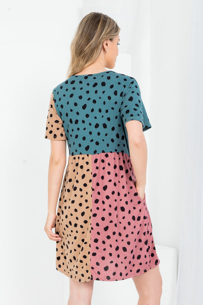 Leopard Color Block V-Neck Pocket Dress