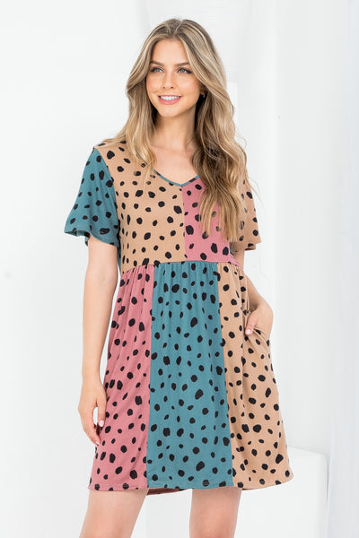 Leopard Color Block V-Neck Pocket Dress