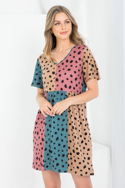 Leopard Color Block V-Neck Pocket Dress