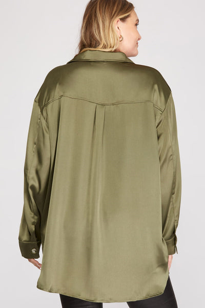 Oversized Satin Shirt In Olive
