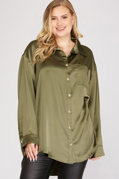 Oversized Satin Shirt In Olive