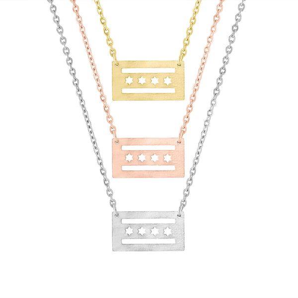 A collection of Chicago Flag pendant necklace in silver, rose gold, and gold colors with an adjustable chain.