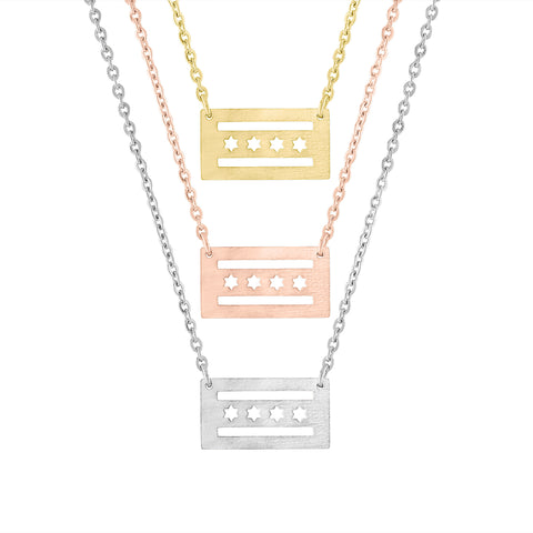 A collection of Chicago Flag pendant necklace in silver, rose gold, and gold colors with an adjustable chain.