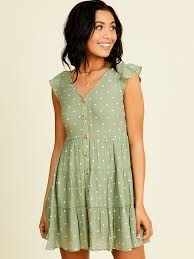Light Olive V-Neck Button Dress