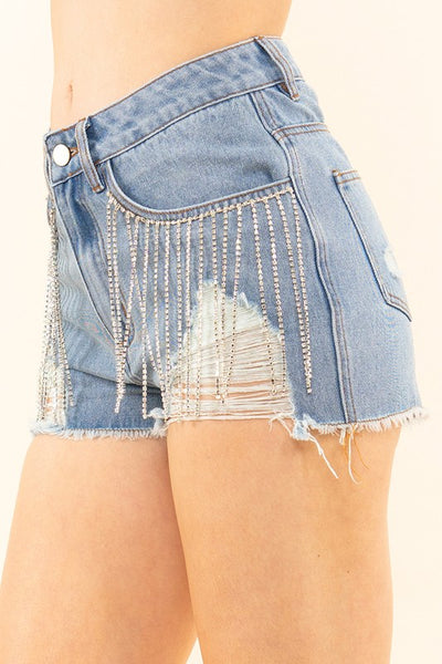 Jewel Fringe Pocket Denim Shorts