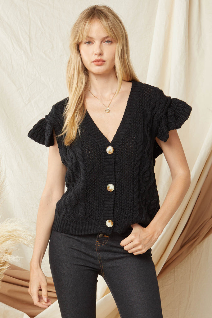 V-Neck Button Up Sweater - Black