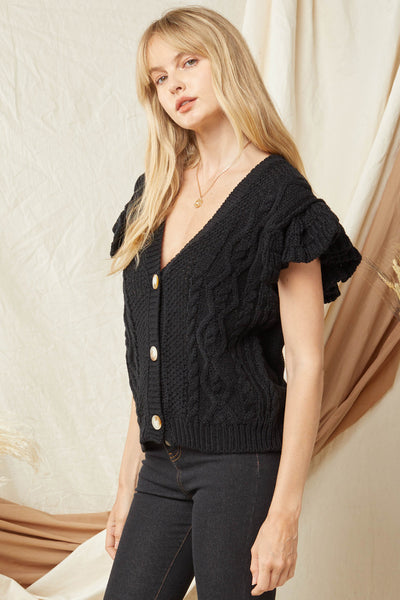 V-Neck Button Up Sweater - Black