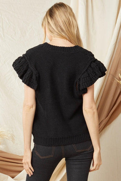 V-Neck Button Up Sweater - Black