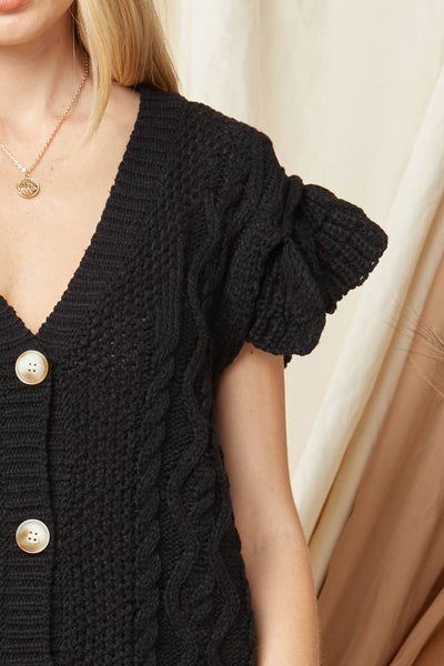 V-Neck Button Up Sweater - Black