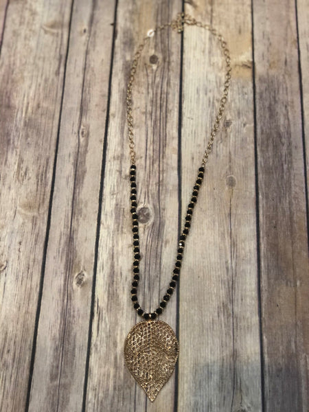 Leaf with Black Bead Necklace