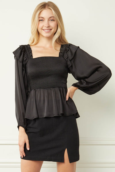 Black Satiny Peplum Top