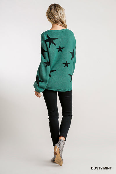 teal puff sleeve star sweater