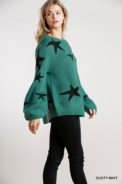 teal puff sleeve star sweater