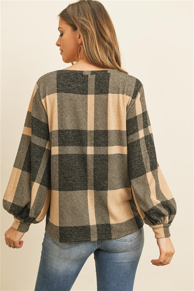plaid puff boat neck