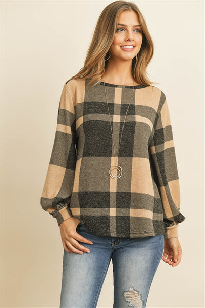 plaid puff boat neck